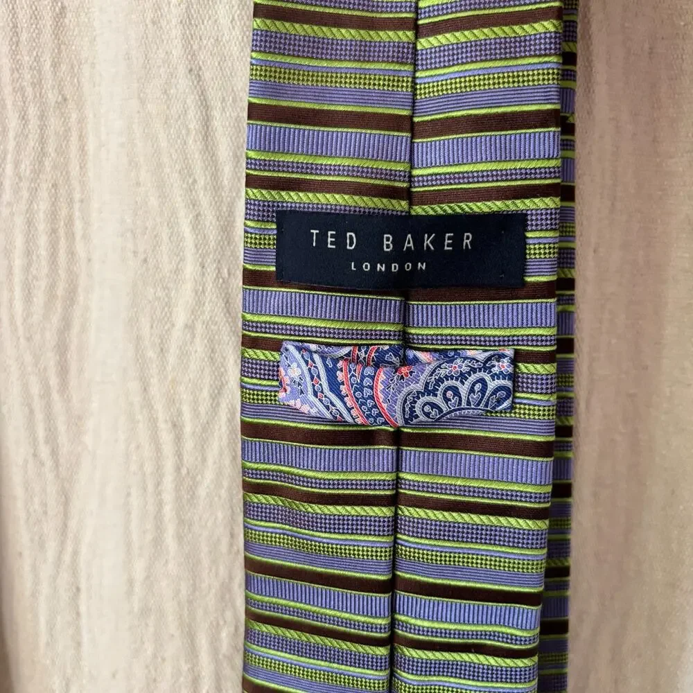 Ted Baker London 100% Silk Tie Blue Purple Green Brown Striped‎ USA Made